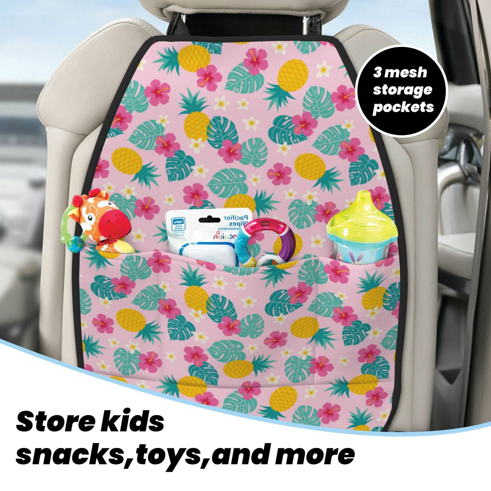 Kdxio Pineapple And Leaves Print 2 Pack Car Kick Mat Seat Cover Back Protector Mat with Pockets for Organizer Backseat Protector and Storage Anti Kick Pad for Vehicles