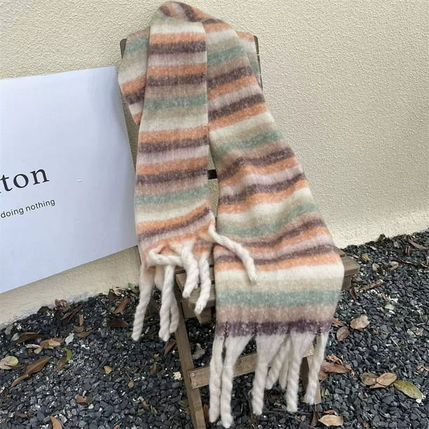Nvzi Bufanda a cuadros, bufandas gruesas, bufanda de manta gruesa y cálida de gran tamaño para invierno, rayas beige