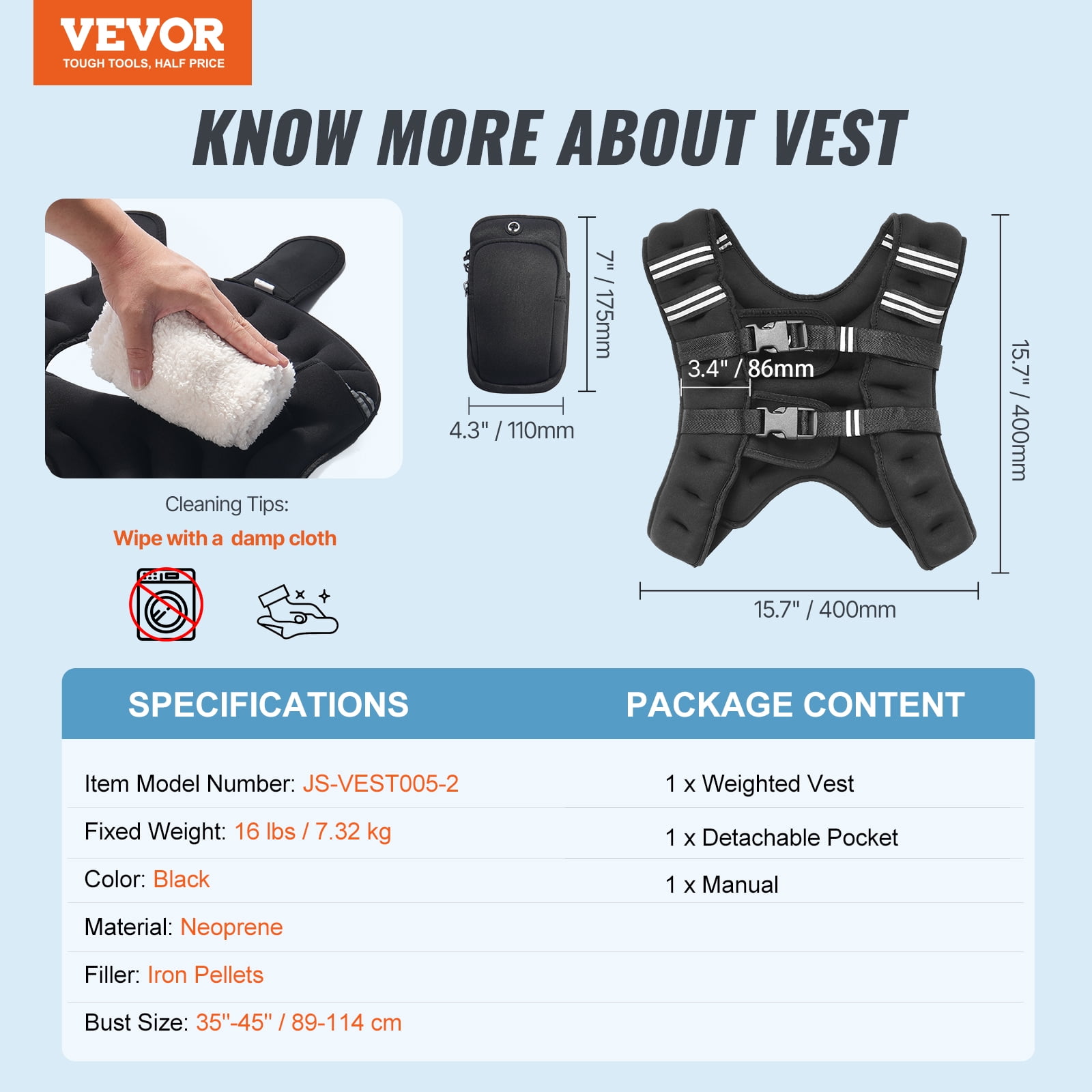 VEVOR Weighted Vest, 16 lbs Weight Vest with Reflective Stripe, Adjustable Buckle Body Weight Vest for Men Women, Workout Equipment for Strength Training, Running, Jogging, Fitness