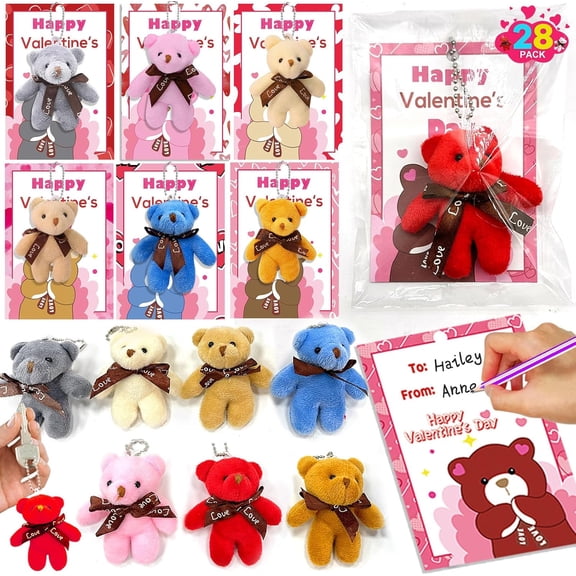 28 Pack Valentine's Day Bear Plush Toys Mini Stuffed Animals Keychains Hangable Valentines Gifts for Teens Party Favor Classroom School Exchange Game Prizes Boys Girls Goodie Bag