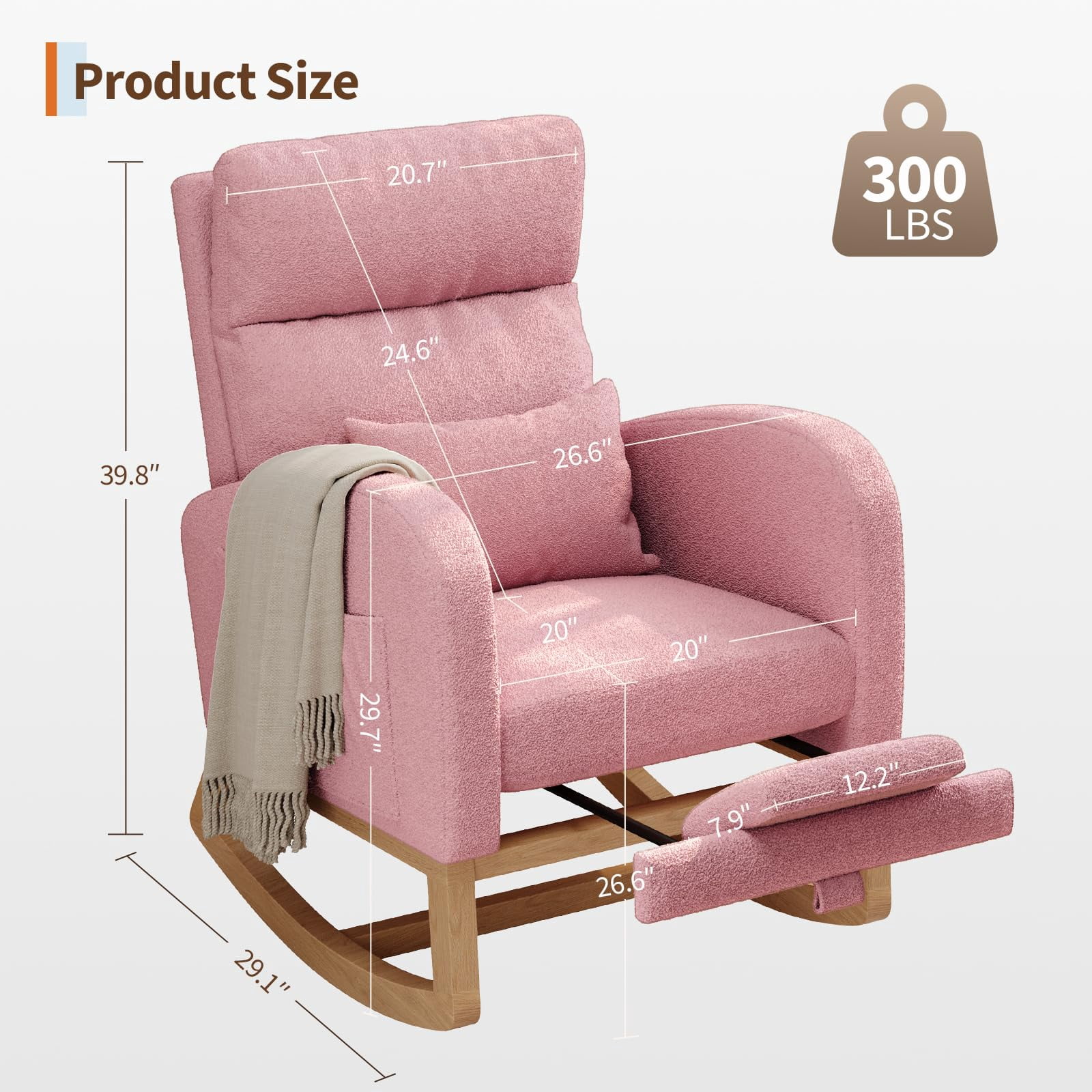 Garvee Modern Nursery Glider Chair Teddy Fleece Rocking Chair with Footrest with Side Pockets and Pillow, Rocker Chair for Living Room Bedroom and Home, Pink