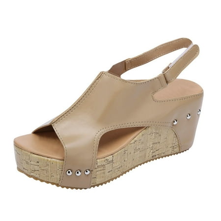 Studded Platform Wedge Sandals for Women Vintage Faux Leather Casual Pumps Fashion Open Toe Ankle Strap High Heels Summer Walking Shoes
