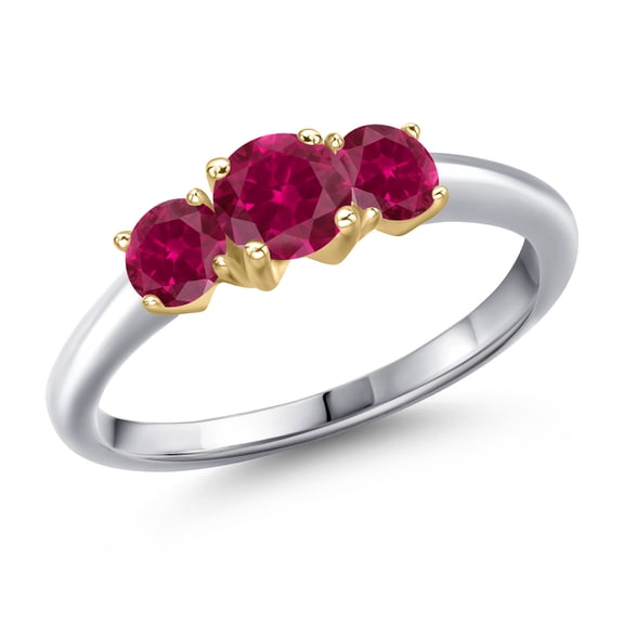 Gem Stone King 10K Two Tone Gold Red Created Ruby Engagement Ring for Women | 1.10 Cttw | Round 5MM | Gemstone July Birthstone | Size 5