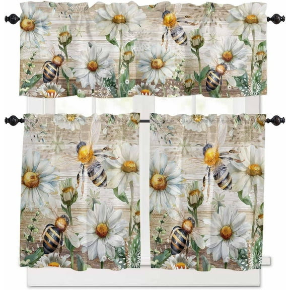 Farmhouse Bee Daisy Kitchen Curtains and Valances Set, Rod Pocket Curtains Tier Farmhouse Window Curtains 24 Inch Length, Summer Floral Rustic Brown Wooden 3 Piece Kitchen Curtains Set