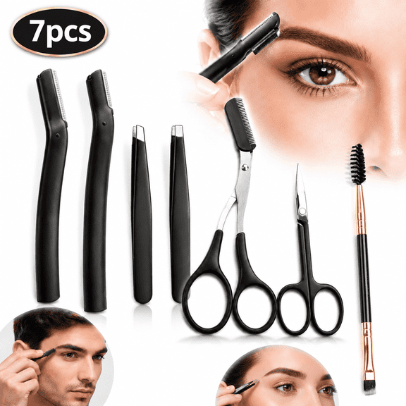 Ustris Eyebrow Trimmer Kit, 7 in 1 Eyebrow Scissors, Tweezer, Razor, Gromming Scissors Brush for Women Men, Gifts for Stocking Stuffers - Black