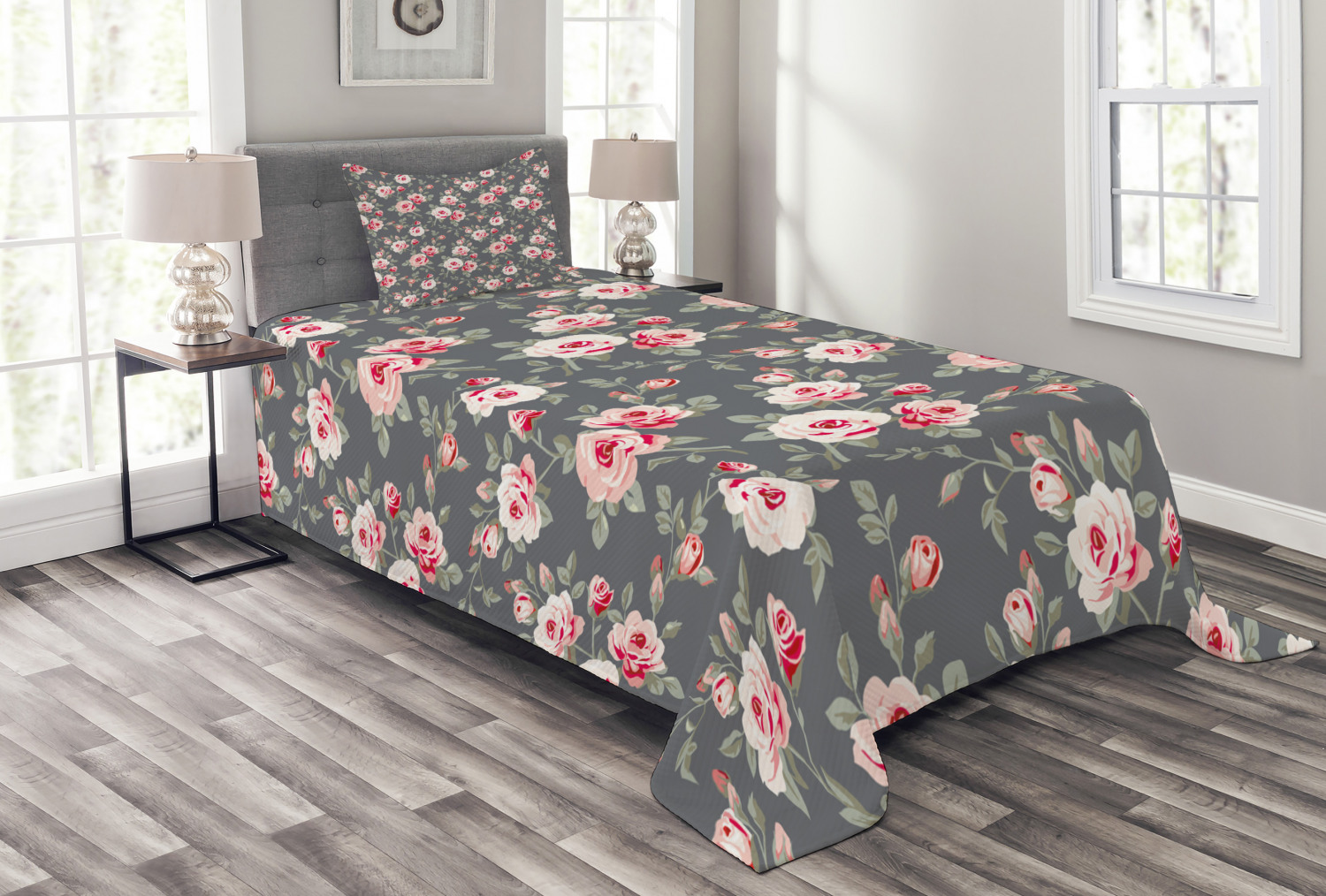 Shabby Chic Bedspread Set Twin Size, Vintage Style Vibrant Roses Leaves