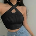 thumbnail image 2 of MESSUEN Halter Tank Top Criss Cross Halter Top Halter Crop Vest Crop Halter Strappy Tank Topsfemale Knitted Off Shoulder Crop for Women Tops Casual Womens Tops Summer Black One Size, 2 of 5