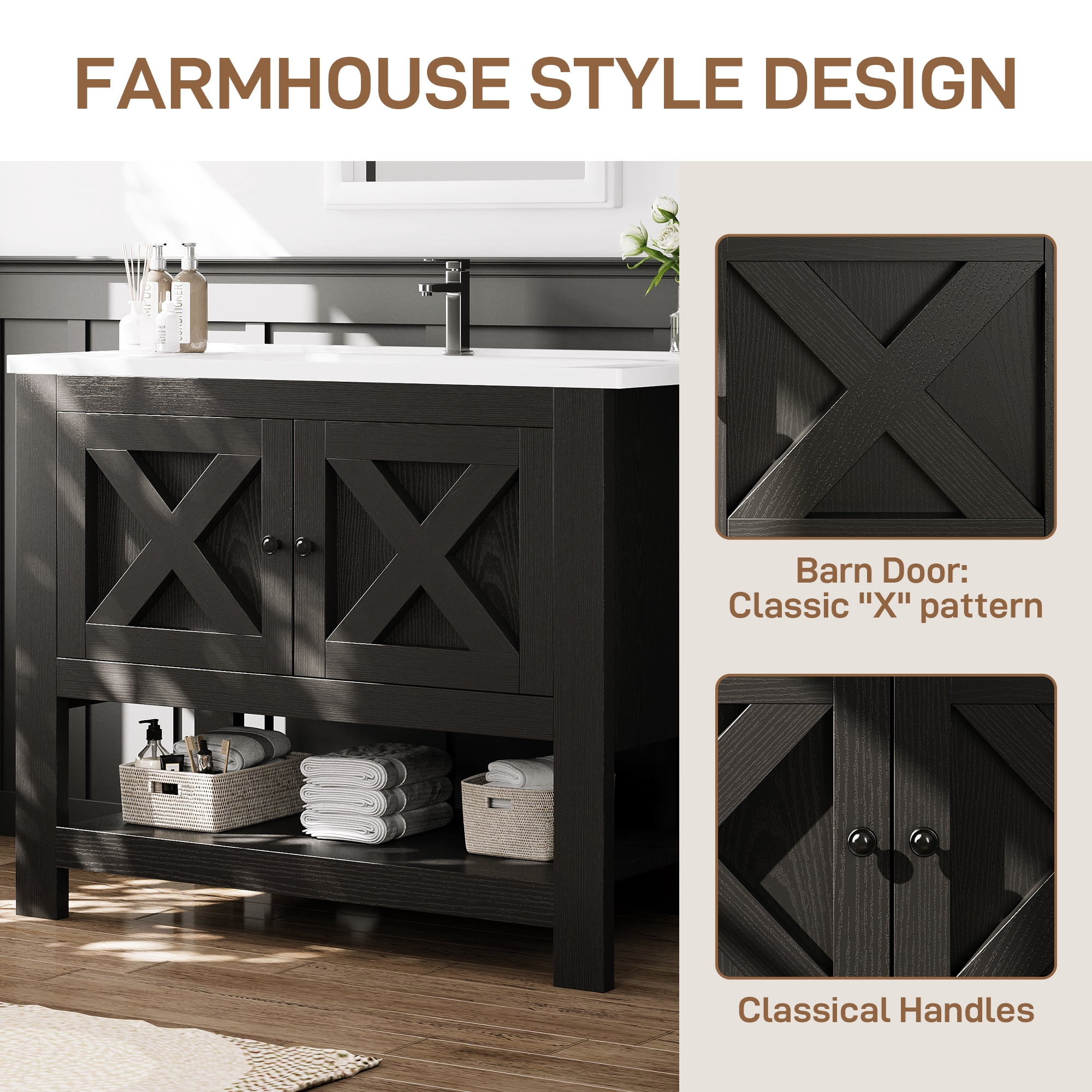 4 EVER WINNER 36" Black Bathroom Vanity with Sink, Farmhouse Storage Cabinet with X-shaped Barn Door, Ceramic Vanity Top & Open Shelf, Modern Vanity for Bathroom Laundry Room
