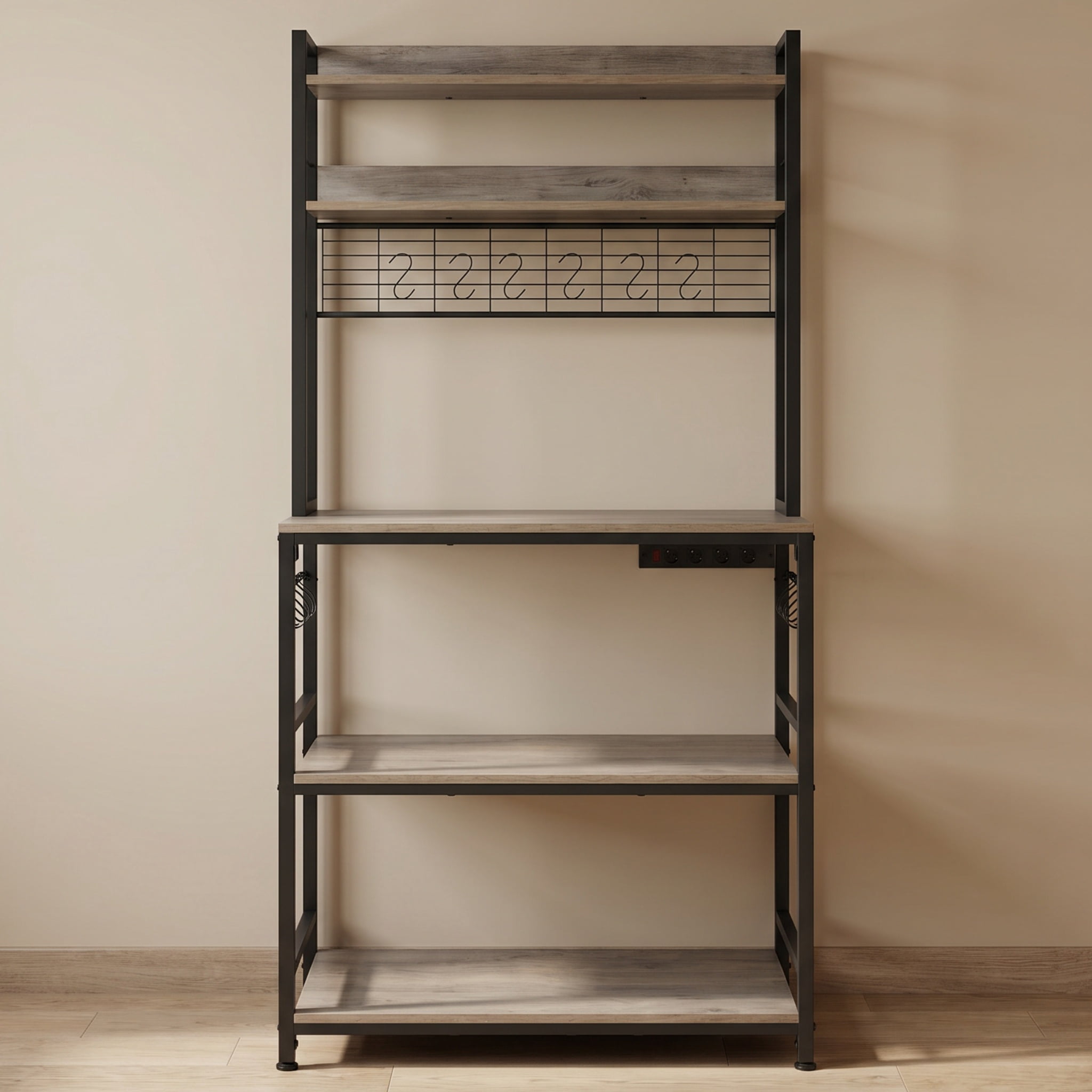 Nordic Hygge 66.9 in. Tall Bakers Rack with Power Outlet, Greige and Black