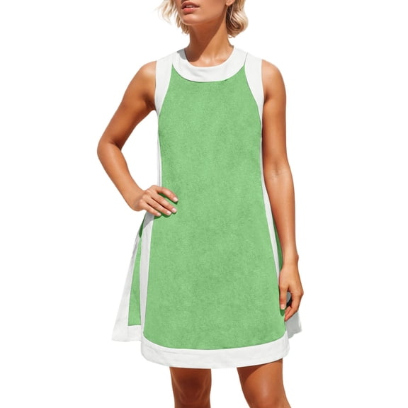 Women's Sleeveless V Neck Color Block 2 Piece Set Tunic Dress Top with Shorts Summer Beach Outfit with Pockets