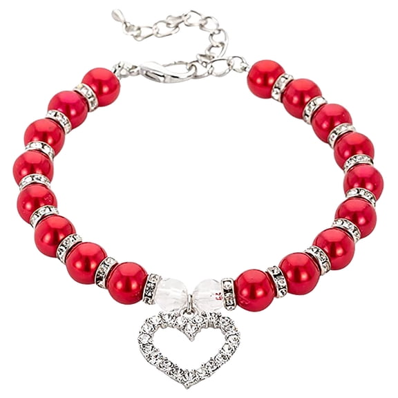 Gardjoe Pearl Beaded Pet Necklace Collar with Heart Shaped Rhinestone Pendant and Elastic Stretch Design for Small Dog Cat Daily Dress Up