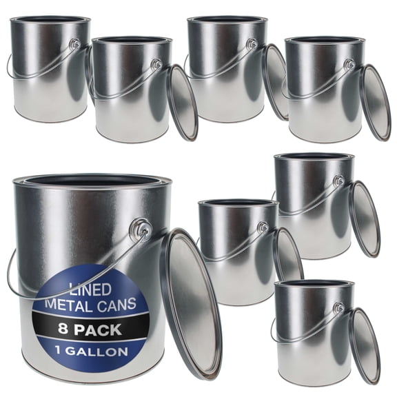 Master Elite 1 Gallon Lined Empty Metal Paint Can Bucket with Lids, Bail Handles, Pack of 8 - Triple Tight Seal, 128 fl. oz. Steel Coating Storage Container Tin - Store Leftover Water-Based Paint