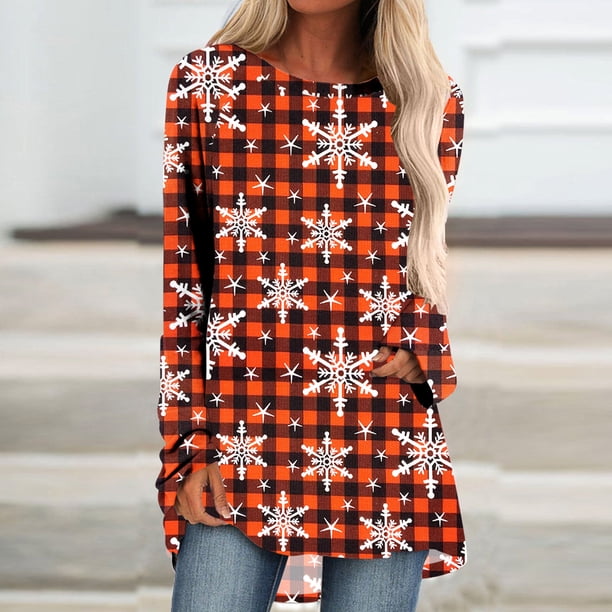Pntutb Mujeres Casual Manga Larga Cuello Redondo tops Blusa Suelta Navidad Impreso Camisas Pntutb Pntutb-7648