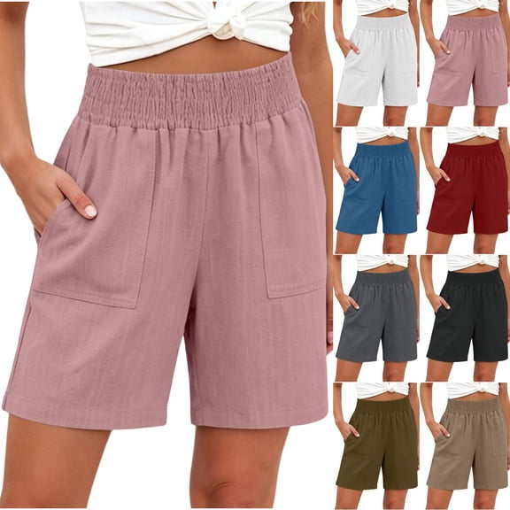 Inverlee Womens Elastic High Waist Shorts with Pockets Casual Summer Loose Fit Beach Shorts Daily Wear Loose Short Red L