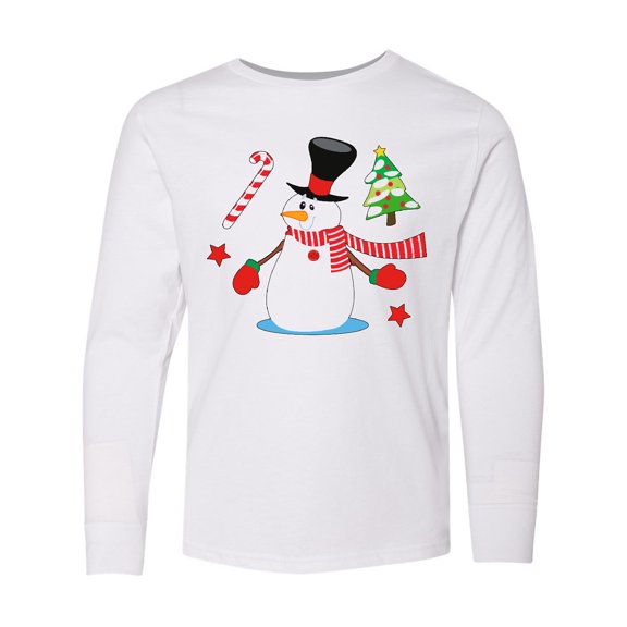 Inktastic Top Hat Snowman with Christmas Tree and Candy Cane Long Sleeve Youth T-Shirt