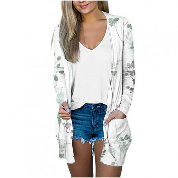 Holloyiver Women's Summer Sweater Women's Long Sleeve Fashion Casual Printing Pocket Cardigan Tops Blouse Cardigan Sweaters for Women Lightweight M