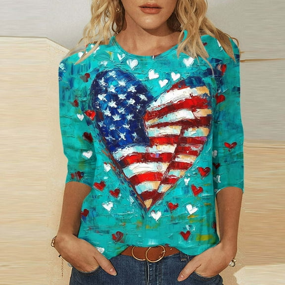 American Flag Shirt for Women Red White and Blue Womens Shirt Fourth of July T Shirts Women Patriotic Top for Women Patriotic Womens Tee 3/4 Sleeves Blouse Round Neck Casual