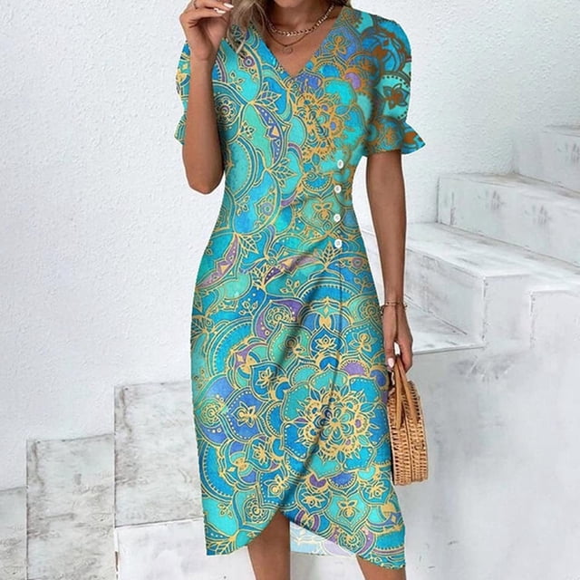zanvin Robe Femme, Robe d'Été Imprimée Ourlet Irrégulier Col en V Manches Courtes Boutonnée, Bleu Clair, P