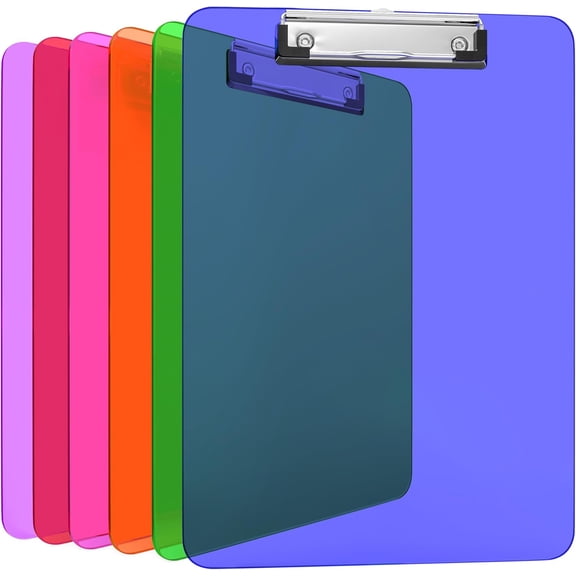 6 Pack Plastic Clipboards Colored Transparent Clear Clip Boards with Low Profile Metal Clip Board 12.5x9 Inch Letter Size Bulk Class Set Acrylic Clip Boards with Hanging Hook - Holds 100 Sheets