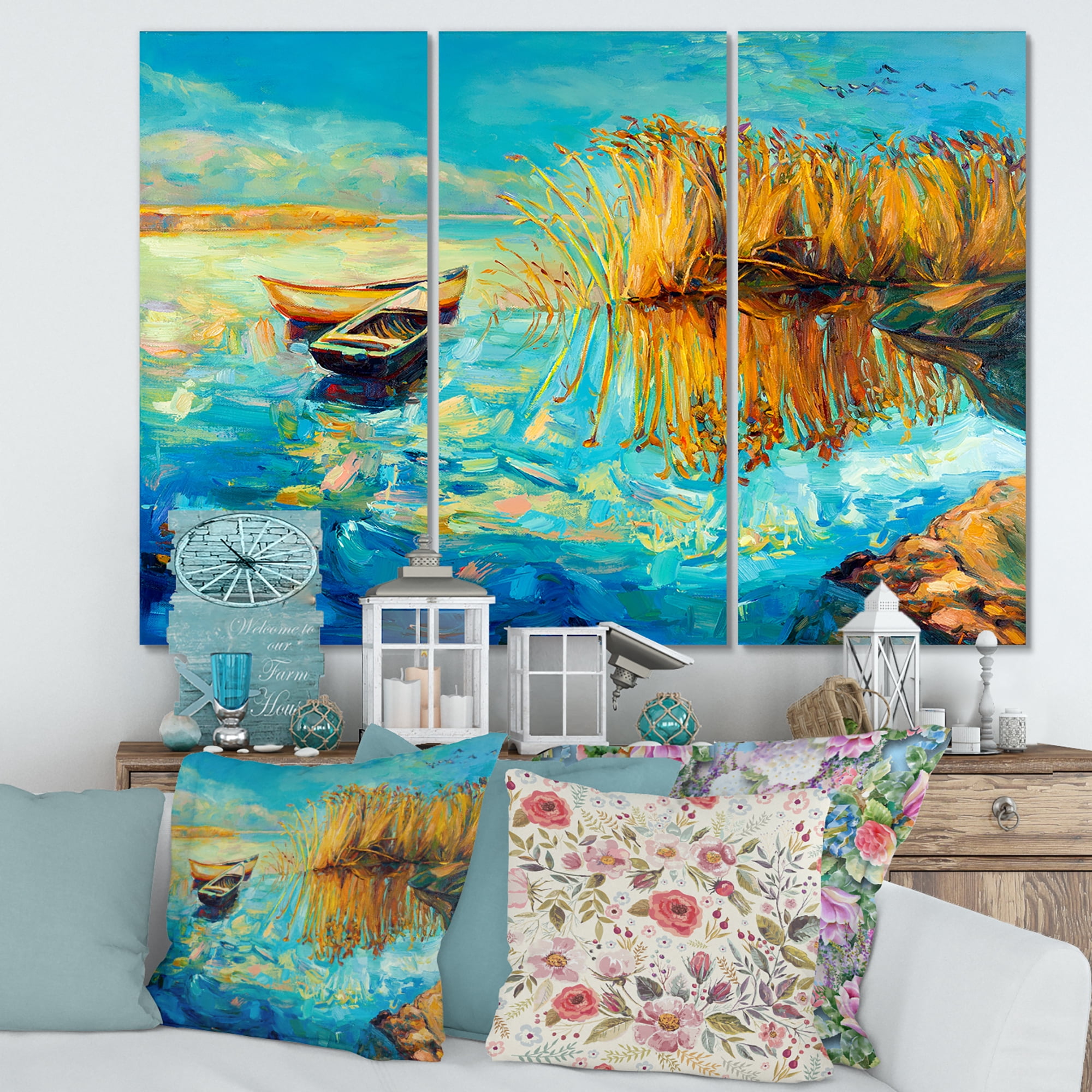 Designart ' Orange Trees With Turquoise Lake During Sunset ' Nautical & Coastal Canvas Wall Art Print