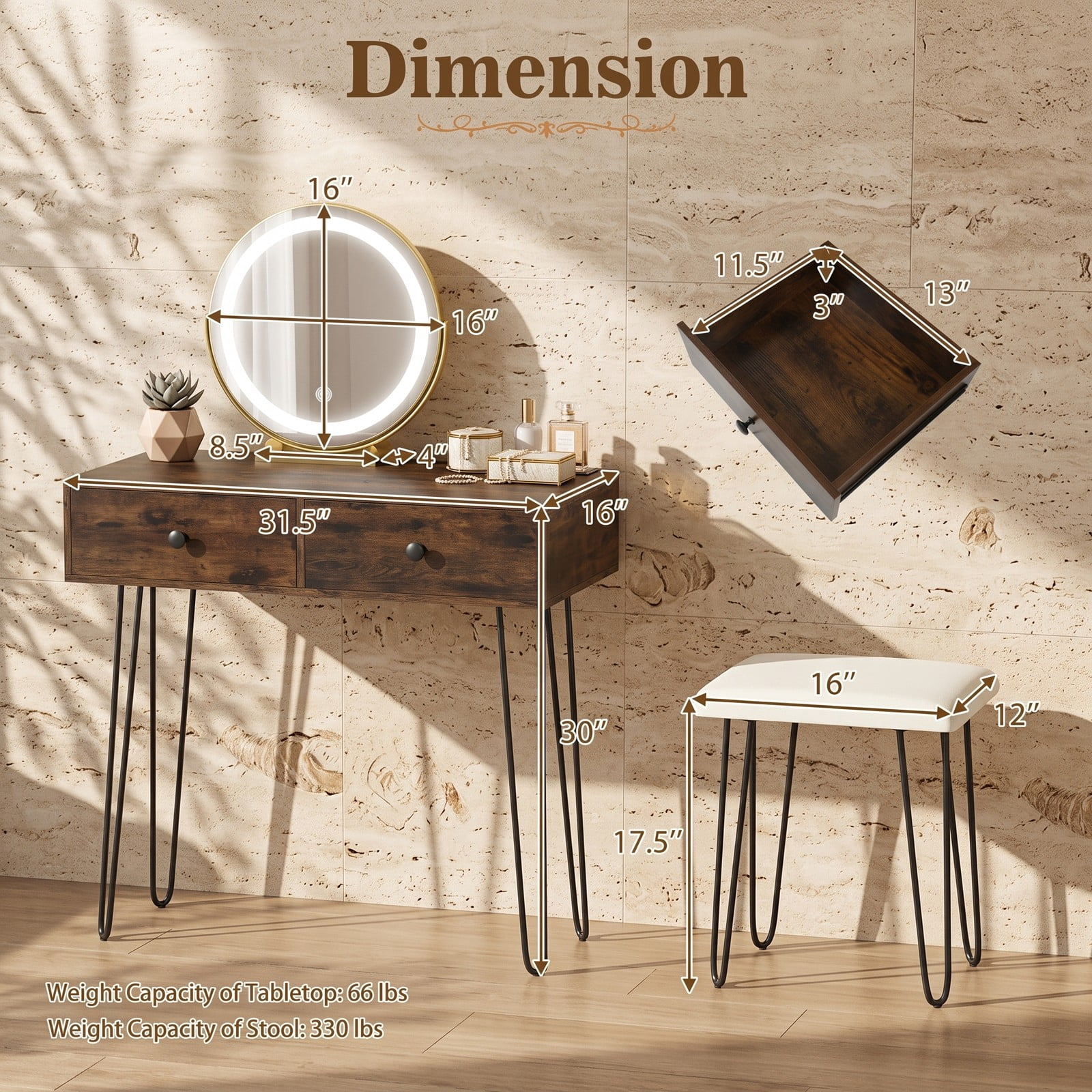 Furnibear Vanity Desk with Lighted Adjustable Mirror, Makeup Dressing Table with 2 Drawers, Outlets and Cushioned Stool for Bedroom, Rustic Brown