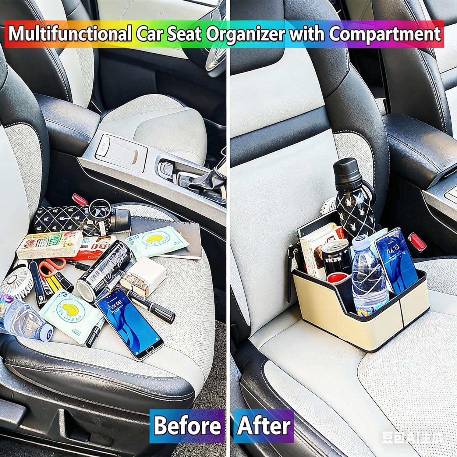 Car Organizer Between Back Seat,Car Armrest Storage Box with Compartment,Multifunctional Front Seat Organizer,Center Console Cup Holder Tray,Car Non-slip Mat(Beige)