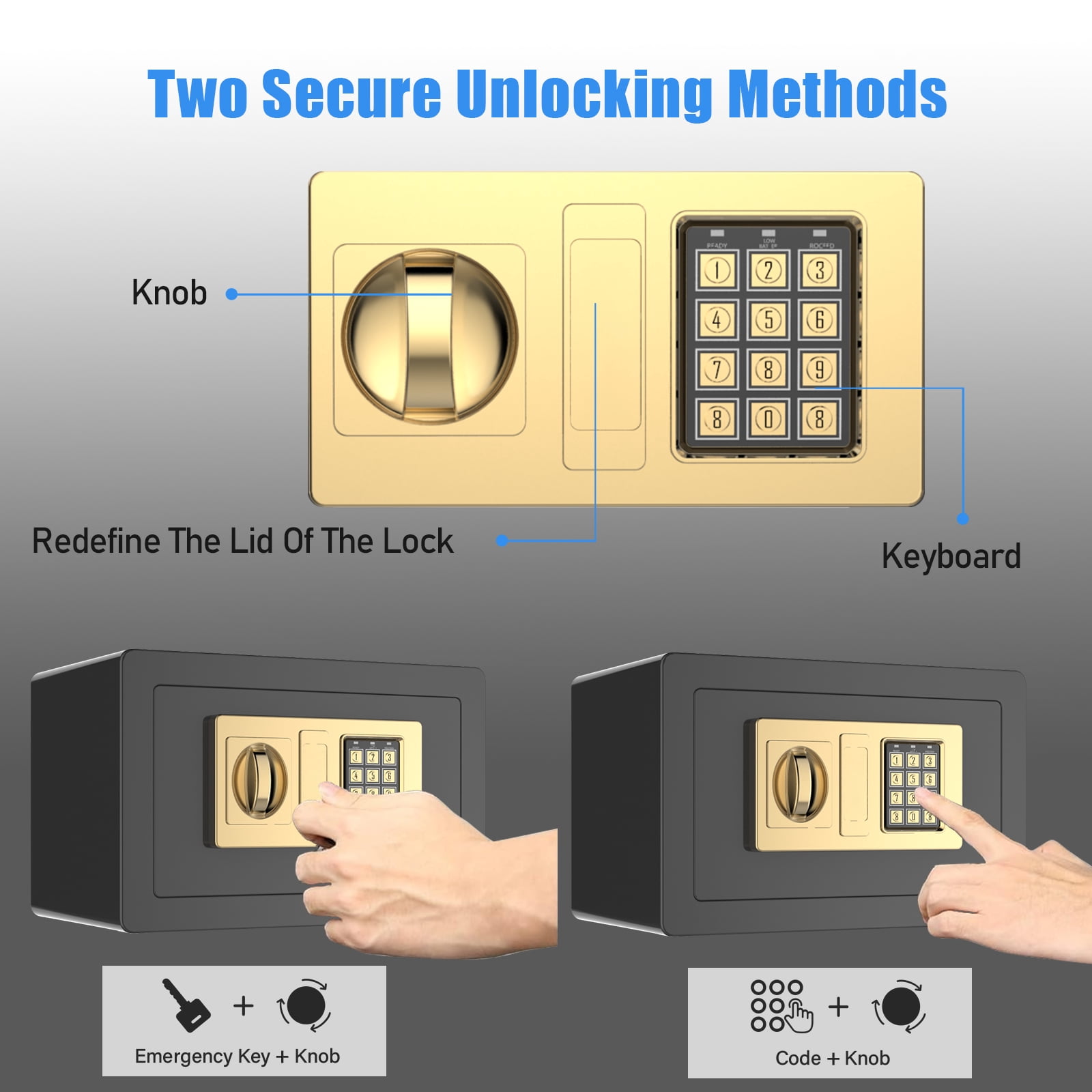 RIFLEWELL 0.8 Cub Safe Box - Small Home Safe for Money Jewelry Documents, Security Safe Box, Solid Steel Lock Box with Digital Electronic Security Keypad for Home Office Hotel (Black Gold)