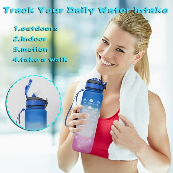 Kids Sports Water Bottle, Sports Water Bottles Bulk, Motivational Water Bottle with Time Marker - 32oz, Portable Leak-proof BPA Free Sports Water Bottles with Straw & Carrying Strap - Multicolor-B