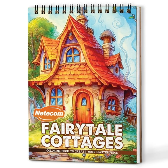 Netecom Fairytale Cottages Coloring Book Spiral Bound for Adults, A5 Wooden Cover, 30 Enchanting Homes Coloring Pages of Fanciful World for Stress Relief and Relaxation