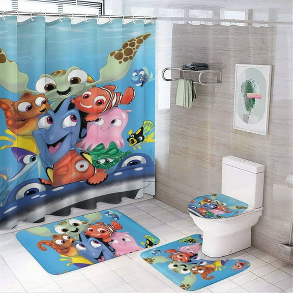 Finding Nemo 4 Piece Shower Curtain Set with Non-Slip Rugs, Toilet Lid Cover and Bath Mat, Cartoon Bathroom Decor Waterproof Shower Curtain with 12 Hooks, 72 x 72inch