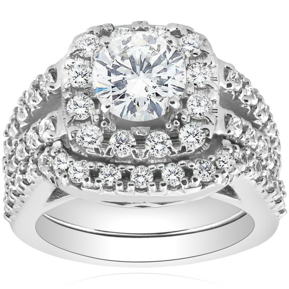 Pompeii 2 1/3Ct Cushion Halo Diamond Engagement Matching Guard Ring Set 14k White Gold