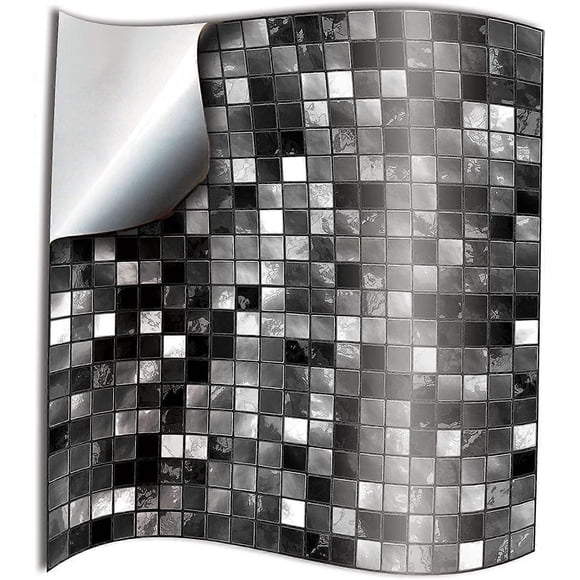 24x Tile Sticker for Bathroom and Kitchen 10 x 10cm Black White Mosaic Adhesive 2D Tile Film Stickers for Walls Tiles Decor