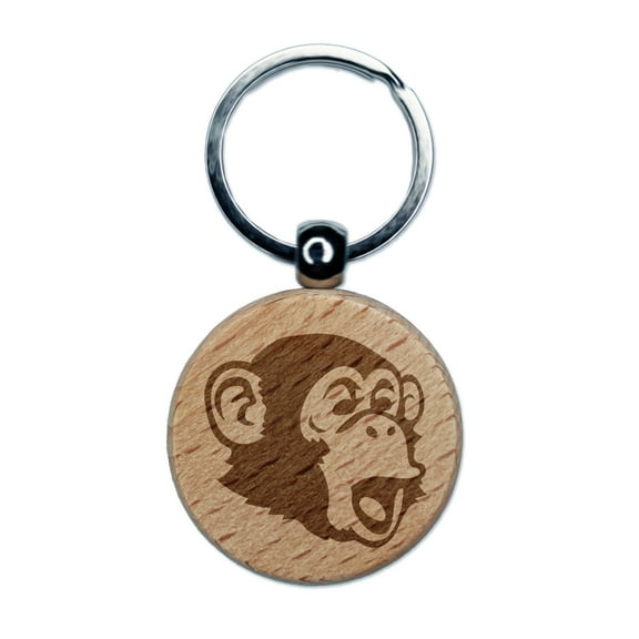 Surprised Chimpanzee Ape Head Monkey Round Keychain Charm Tag - Engraved Wood