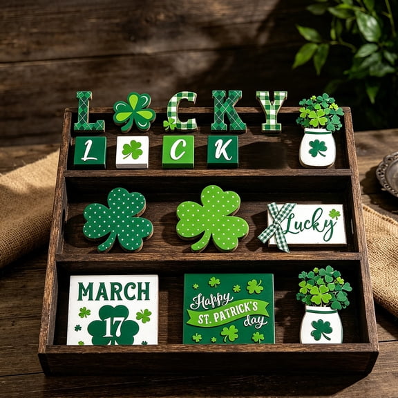 St. Patrick's Day Decor Set 16 PCS St. Patrick's Day Tiered Tray Decor Shamrock Wood Signs Buffalo Green Irish Saint Patrick Wood Sign for Home Kitchen Table Festive Decorations Irish Home Decor