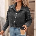 thumbnail image 3 of Hvot&aat Women's Studded Denim Jacket Long Sleeve Button-Up Turndown Collar Denim Outwear Distressed Frayed Cropped Jean Coat, 3 of 6