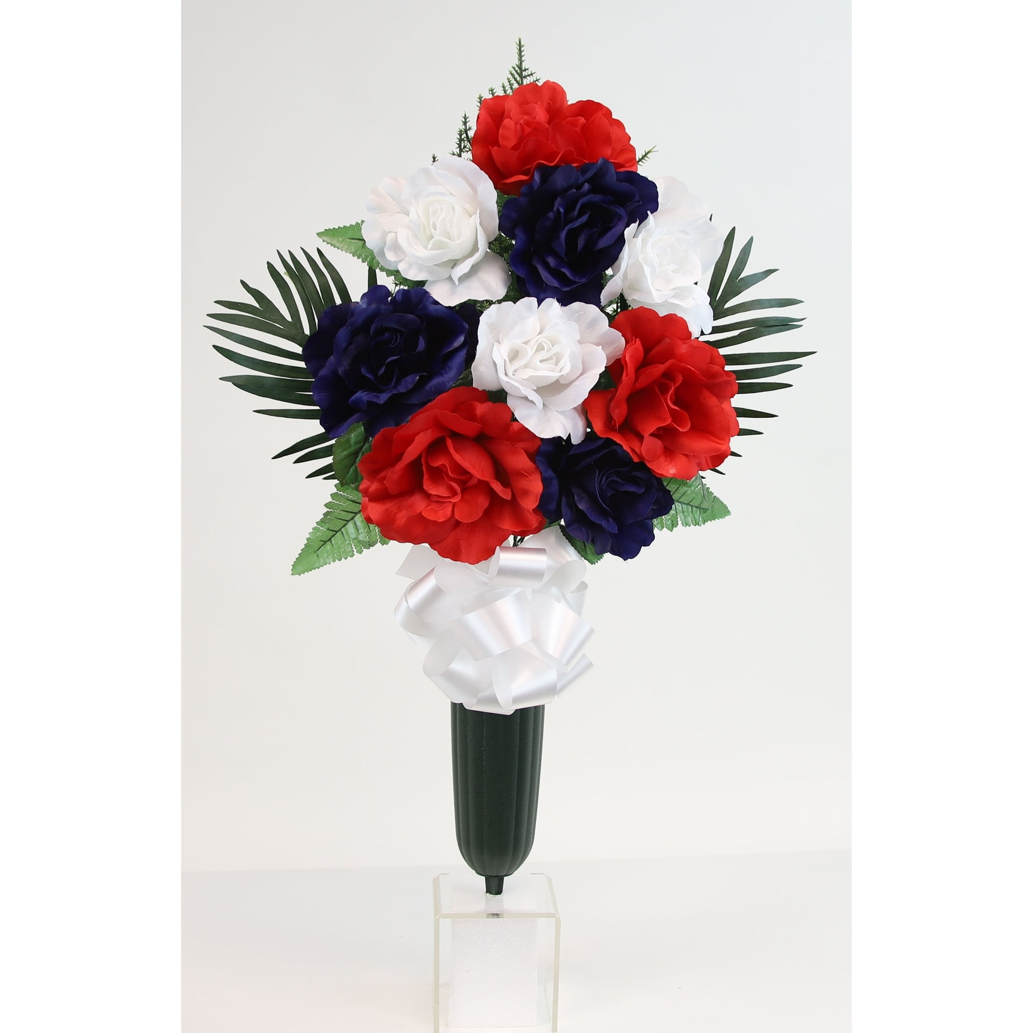 Flat Large Rose X9 Cemetery Vase - N/A Fuschia, Pink, White