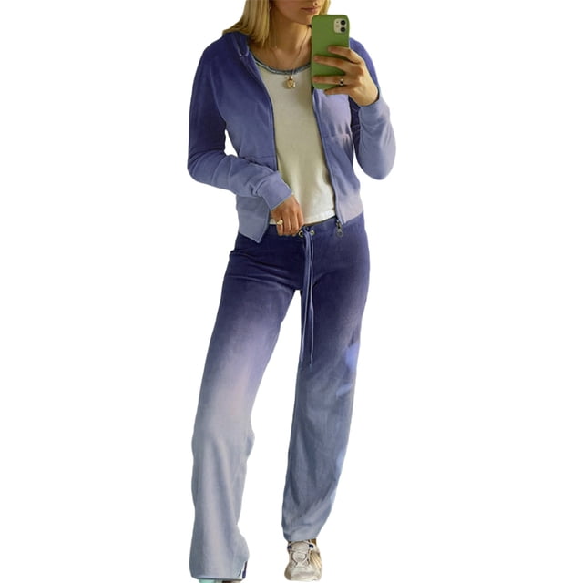 FOCUSNORM 2Pcs Women Juniors Casual Tracksuit, Solid Color/Gradual Color Hooded Crop Tops + Pants