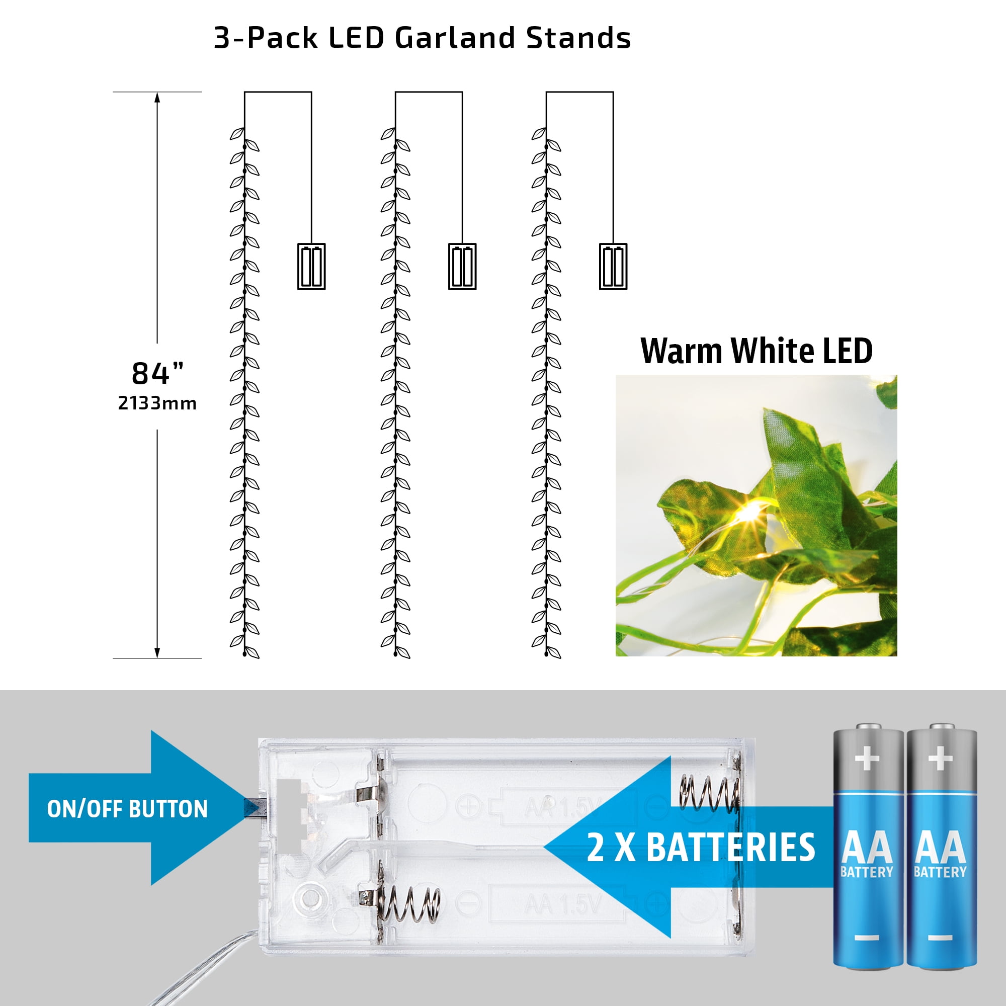 BrightSide 3-pack LED Ivy Garland Lights, 7ft Faux Vines, Warm White LEDs, Battery Operated