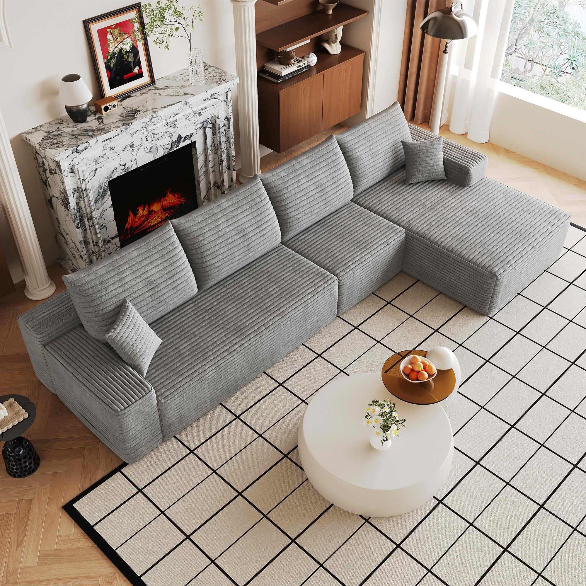 MAYEERTY 135-Inch Gray Plush Corduroy 4-Seat L-Shaped Cloud Modular Sectional Sofa, Deep Seat Couch with Chaise No Assembly Required