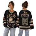 thumbnail image 2 of V Neck Long Sleeve Graphic Top For Women Halloween Haunted Night Theme Hockey Jersey Relaxed Fit Casual Long Sleeve Shirt Ideal For Halloween Party And Holiday Gathering White 2XL, 2 of 6