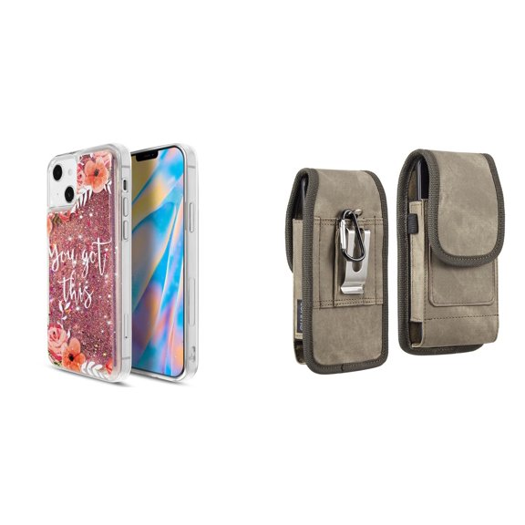Liquid Glitter Case for iPhone 14 Plus and Belt Holster Pouch (You Got This/Brown)