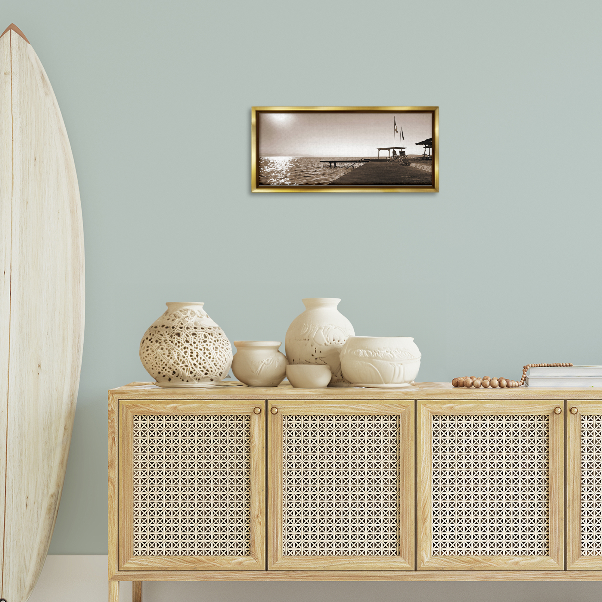 Stupell Industries On Deck Summer Scene Coastal Photography Gold Floater Framed Canvas Art Print Wall Art, 25 x 11