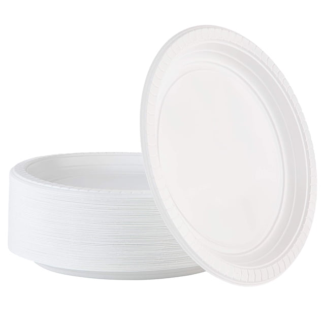 PLASTICPRO Assiettes Rondes en Plastique de 9 Pouces, Micro-Ondables, Jetables, Blanches, Vaisselle, Lot de 100