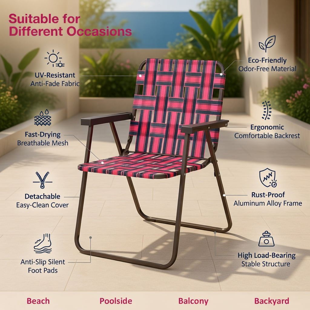 Hommoo 6-Pack Foldable Beach Chairs for Camping, Lawn & Outdoor Use, Heavy-Duty Steel Frame, Fade-Resistant PE Webbing, Portable & Easy Setup, Red