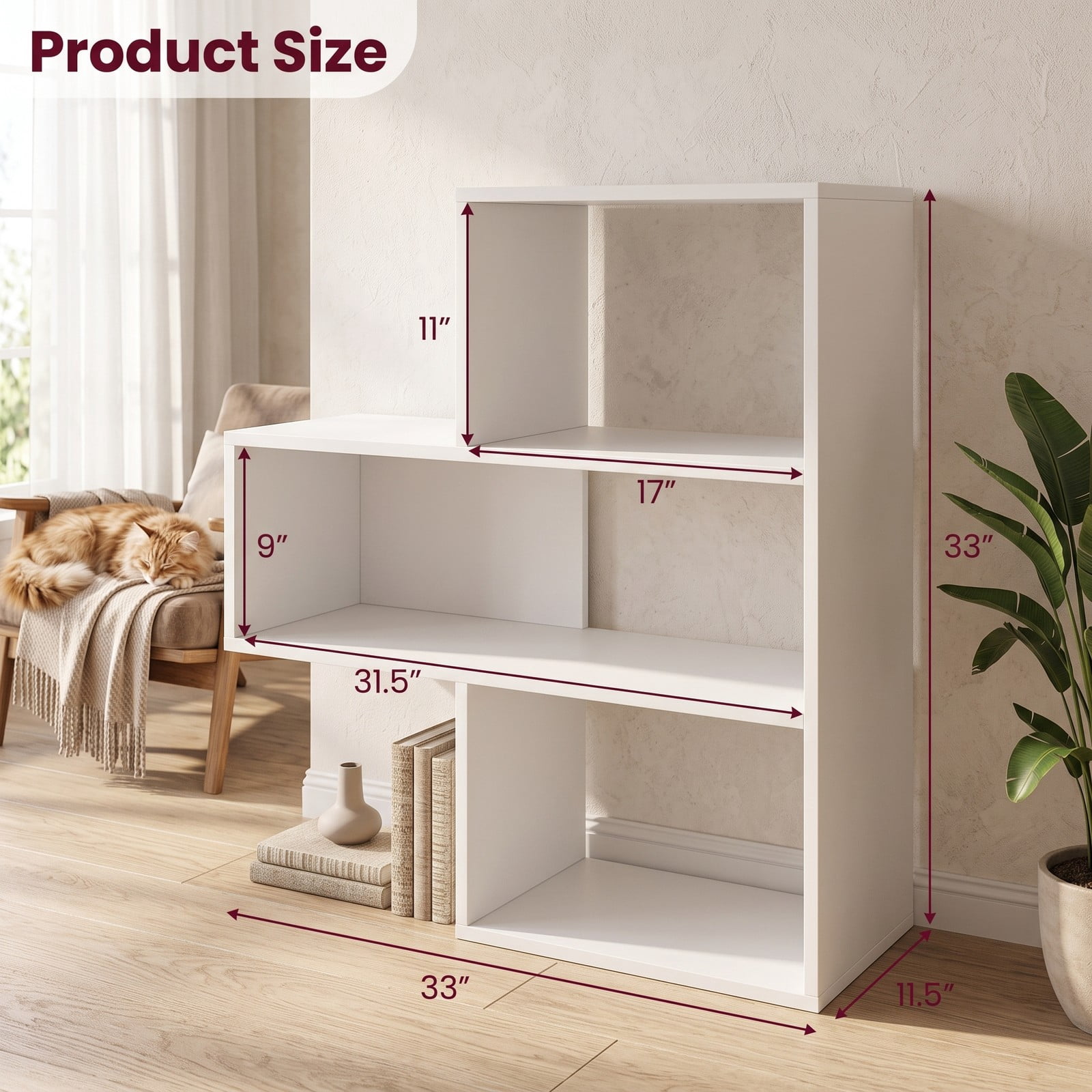 Furnibear Convex Bookshelf, Geometric Bookcase with 3 Open Shelves and Anti-Toppling Device, Freestanding Engineered Wood Display Storage Rack for Living Room, White