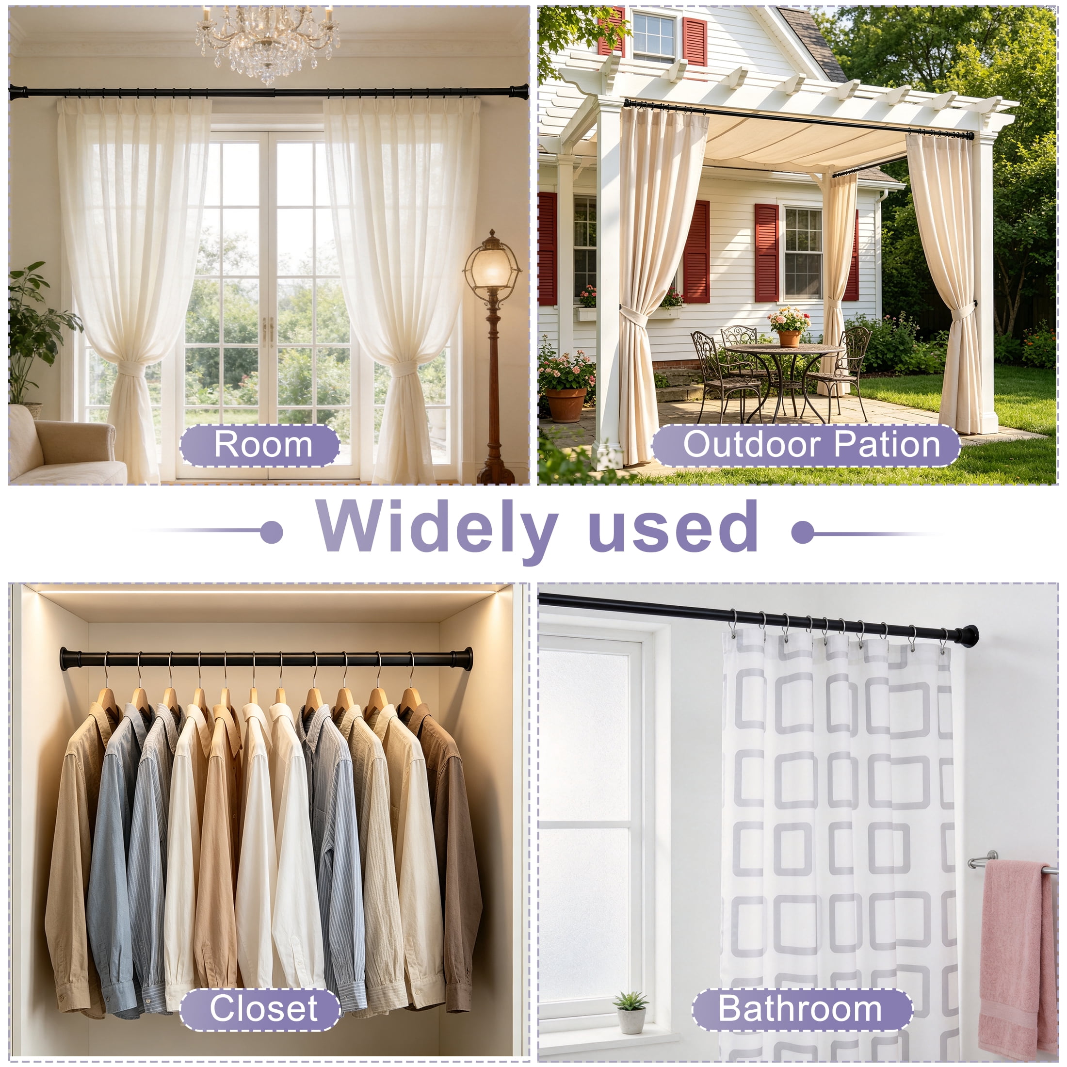 42"-72" Adjustable Tension Curtain Rod, No Drill Black Shower Curtain Rod, Tension Bar for Bathroom Shower Window Closet