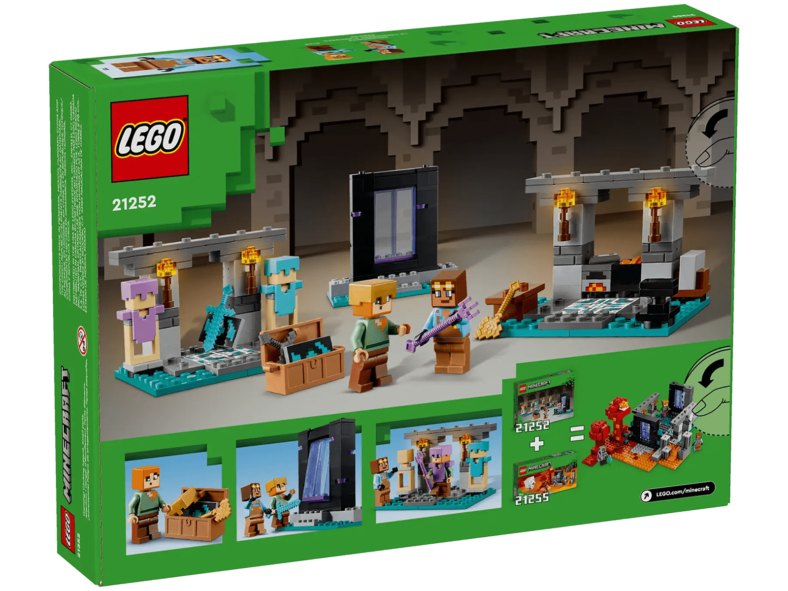 LEGO Minecraft 21252 The Armory Building Set – 203-Piece Block Kit with Alex & Armorsmith Figures, Weapons, Forge & Nether Portal