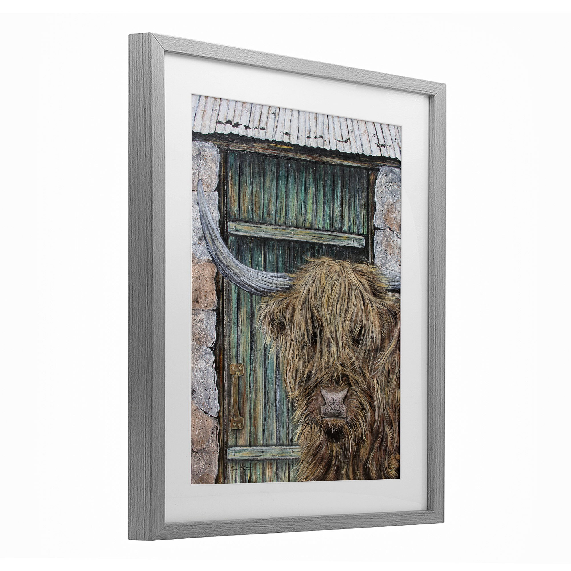 Highland Cow by Barn Door Gray Framed Print Under Glass, design by Jean Plout