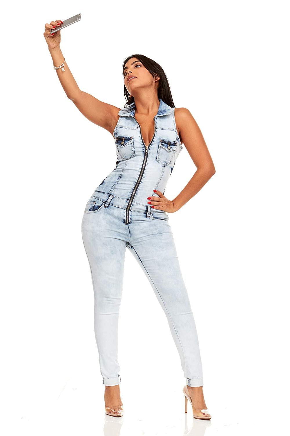 9X-SPEED Jeans Womens， Pocket Patched Denim Overall Jumpsuit