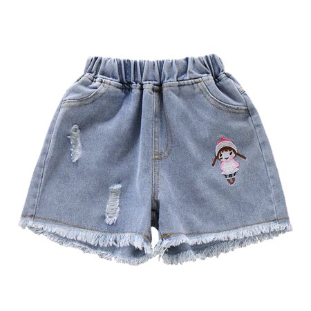 

Girls Bright Denim Shorts Summer New Thin Pocket Elastic Shorts Embroidery Tassels Hole Jeans